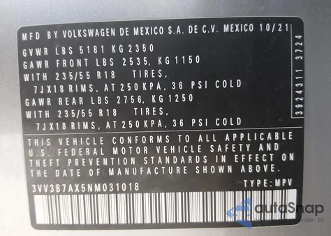 2022 Volkswagen Tiguan 2.0T Se из США, поврежденный, VIN 3VV3B7AX5NM031018